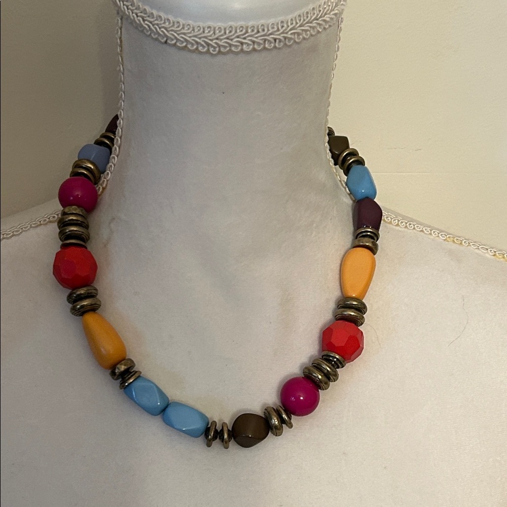 Vtg Multicolor Chunky Beaded Necklace Retro Boho Statement Jewelry